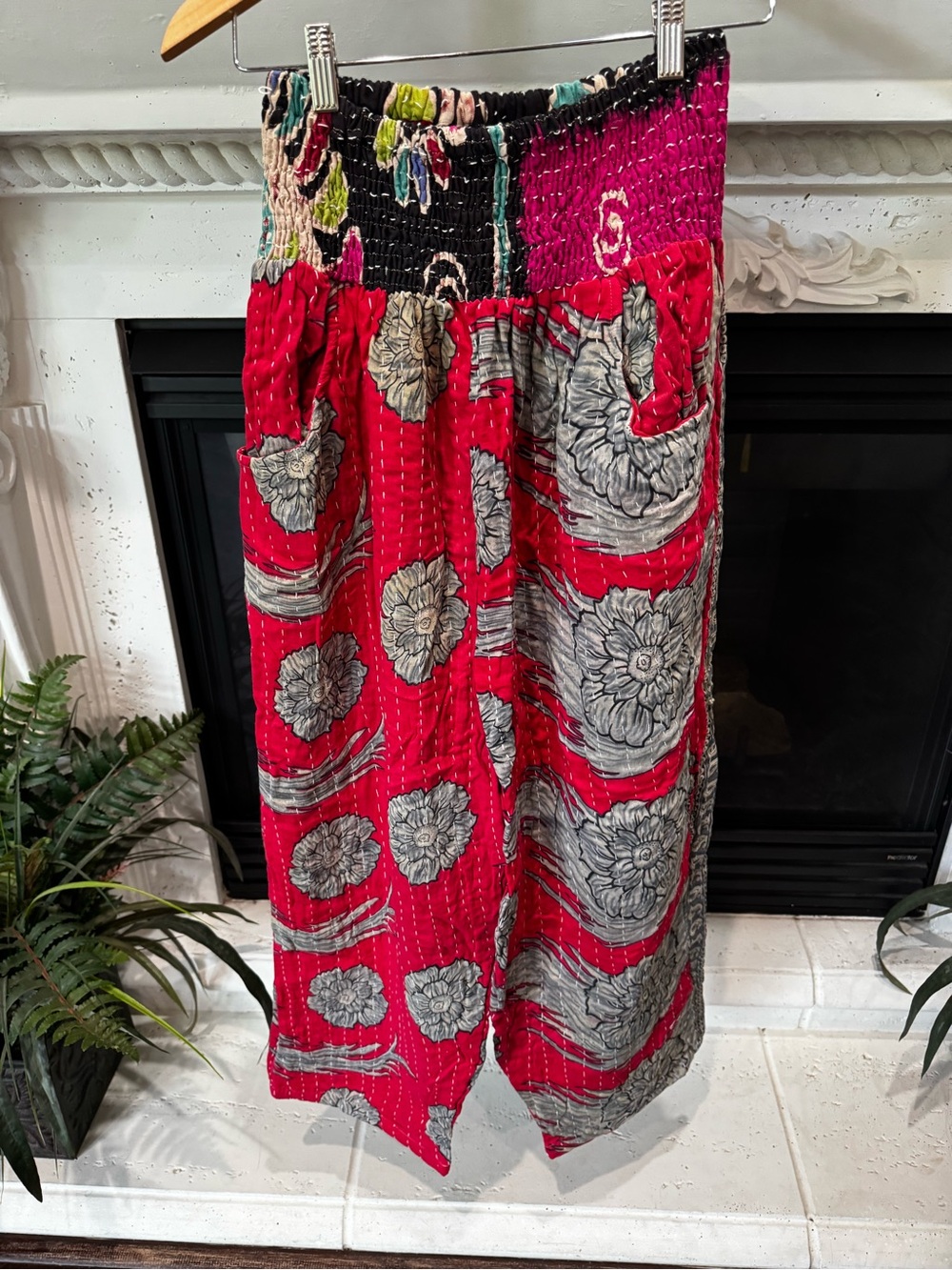 She’s One of a Kind Bohemian Kantha Wide-Leg Smocked Waist Quilted Pants